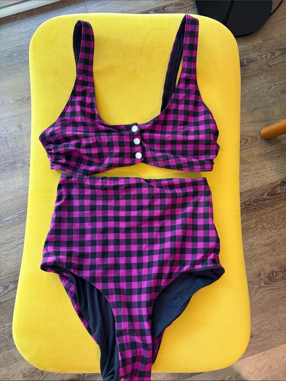 Albertin Pink and Black Gingham Bralette with Front Buttons